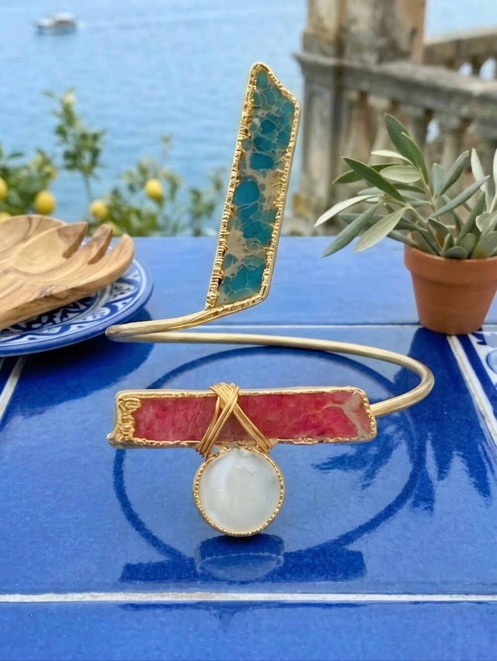 18K Gold Plated Brass Cuff Bracelet Jasper Mother of Pearl Istanbul Boho Adj
